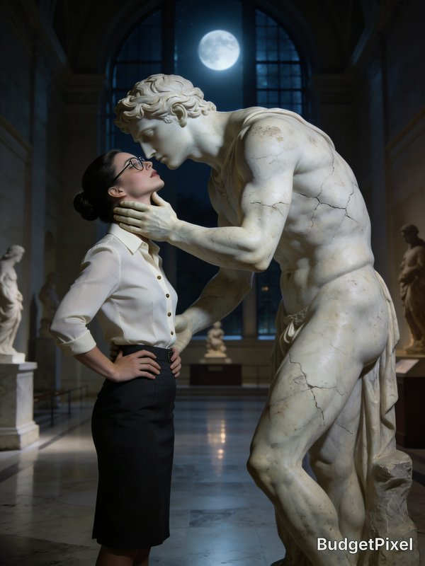 Animated classical marble statue leans in for an intimate kiss with a woman in office wear inside...