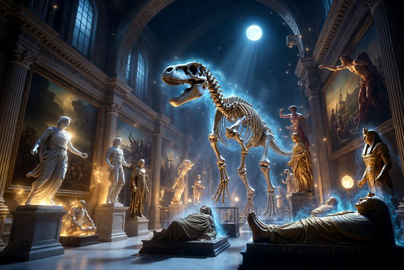 Floating glowing T-rex skeleton haunts a moonlit magical museum gallery surrounded by animated st...