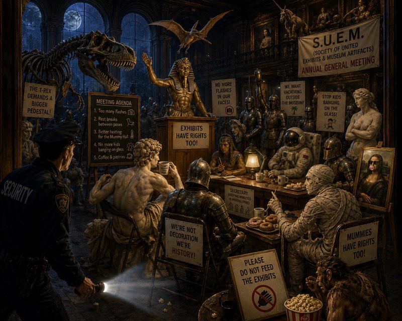 Surreal humorous illustration of museum exhibits holding a secret after-hours AGM, discovered by ...