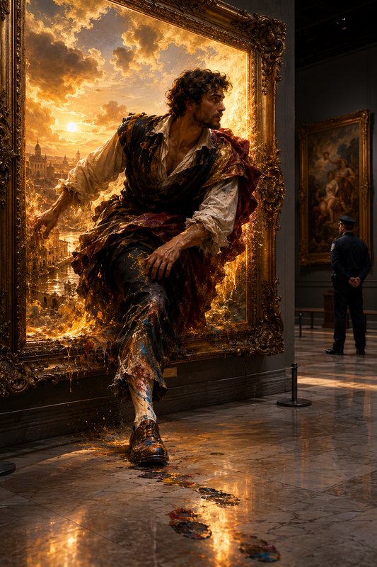 Surreal baroque figure dripping with paint climbs out of an ornate gilded painting frame onto a m...