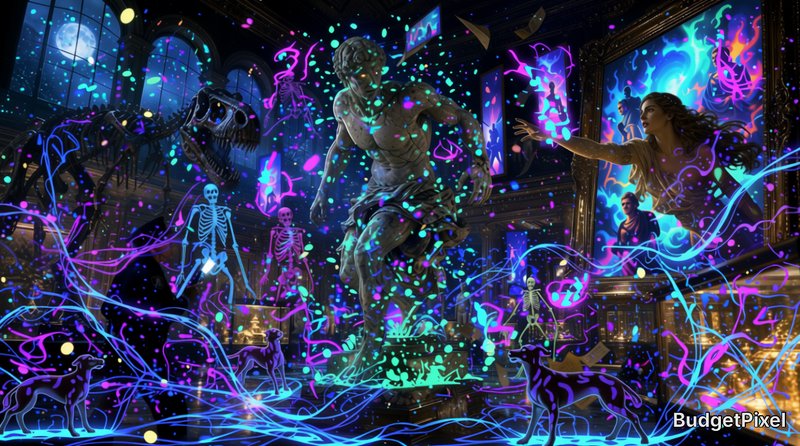 Surreal enchanted museum scene with animated classical statue, swirling neon magic, glowing skele...