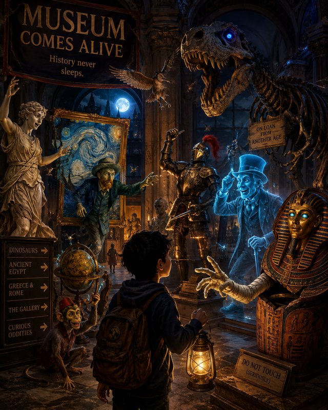 Wide-eyed boy holding a lantern watches as museum exhibits magically come alive in a moonlit gallery