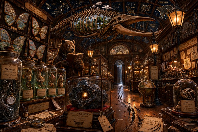 Whimsical fantasy cabinet of curiosities room with a bespectacled bear librarian reading, oddity ...