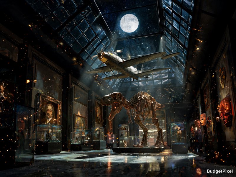 Surreal night museum interior with T-rex skeleton, hanging vintage plane, full moon through glass...