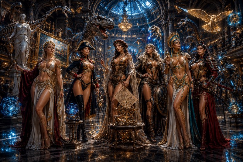 Six elaborately styled fantasy queen archetypes stand in an opulent domed palace alongside magica...