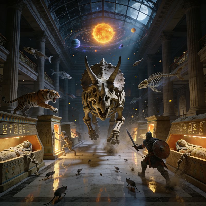 Surreal haunted museum scene with charging triceratops skeleton, warrior, reanimated exhibits and...