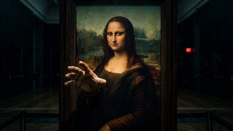 Surreal edited Mona Lisa extending an open hand out from her framed painting in a dark museum gal...
