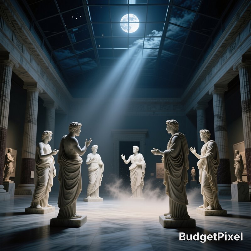 Moonbeams stream through a glass museum skylight onto gathered classical Greek marble statues in ...