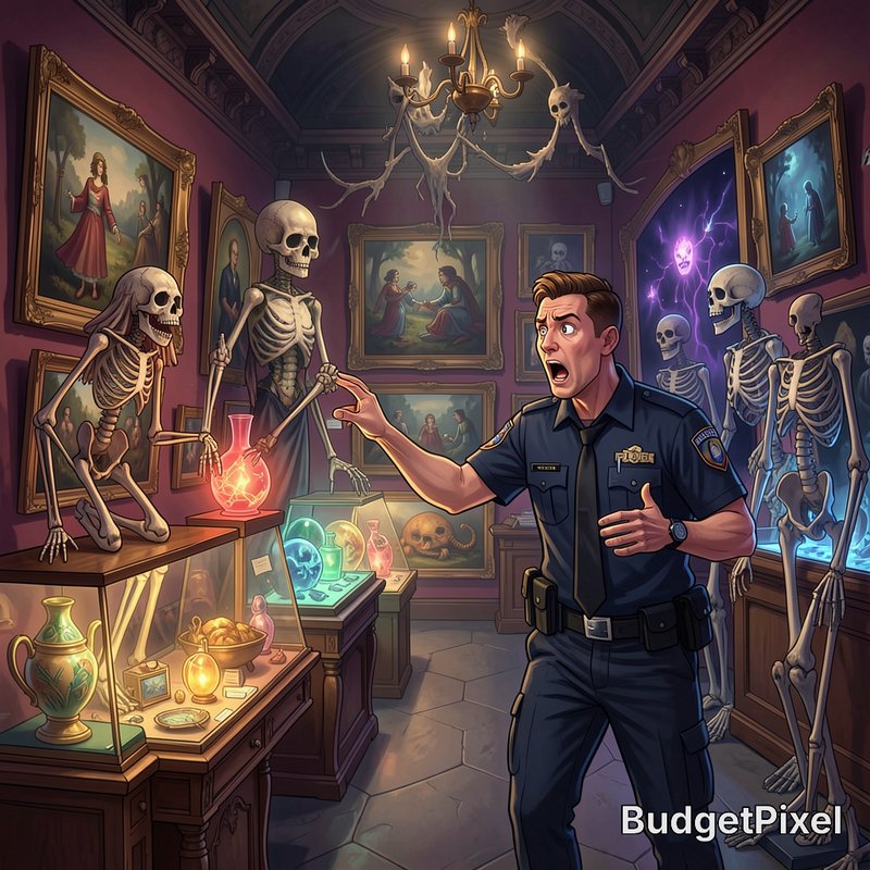 Shocked cartoon police officer reacts to animated skeletons in a spooky haunted antique gallery.