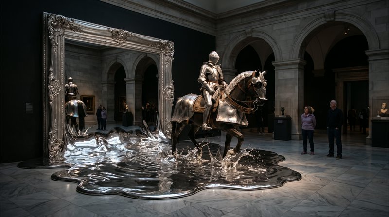 Surreal museum art installation of an armored knight on horseback stepping from a giant melting o...
