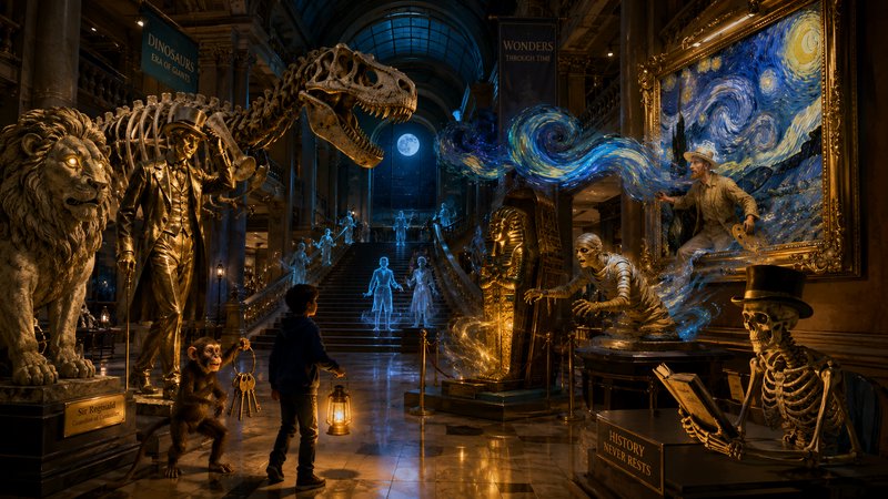 A boy with a glowing lantern explores an ornate museum after dark, where all exhibits have magica...