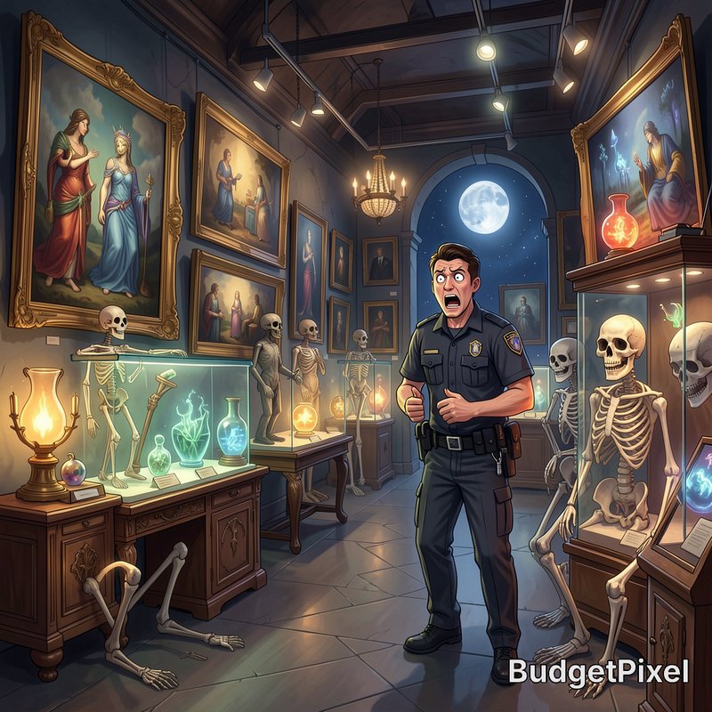 Shocked cartoon police officer discovers animated skeletons escaping display cases in a spooky ma...