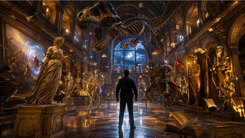 Silhouetted man stands in a grand ornate museum hall beneath a massive suspended T-rex fossil sur...
