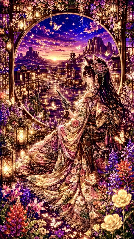 Anime cat-eared gunslinger in floral kimono holds a revolver, overlooking a fantasy wild west sun...