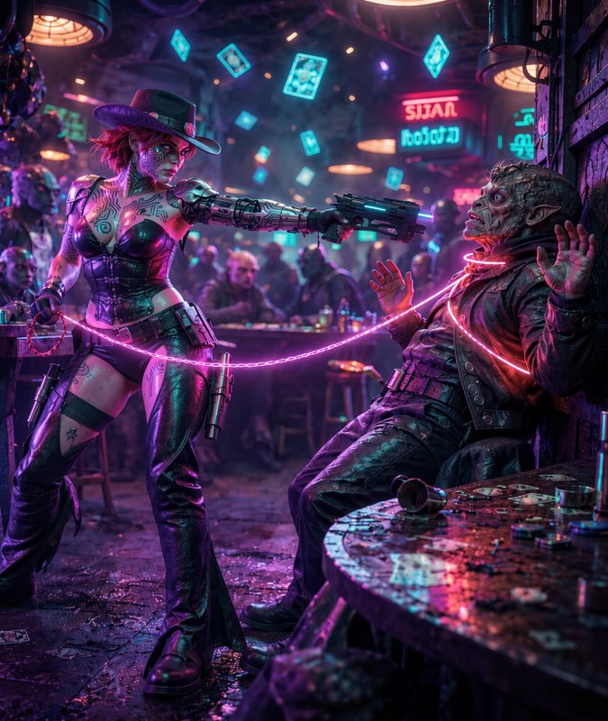 Tattooed cyberpunk cowgirl aims a futuristic gun at a surrendering alien gangster during a tense ...