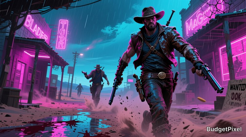 Cyberpunk cowboy dual-wielding revolvers charges down a rainy neon-lit wild west town street duri...