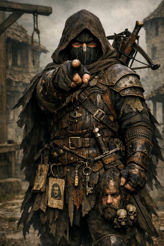 Hooded armored medieval bounty hunter points at the viewer, holding a severed head, in a foggy me...
