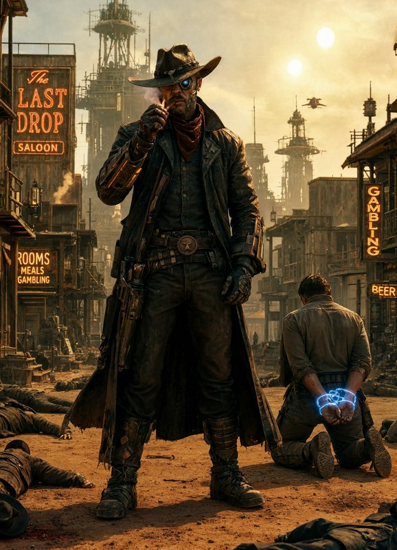 Cybernetic steampunk cowboy sheriff stands in a dystopian wild west town beside a kneeling man re...