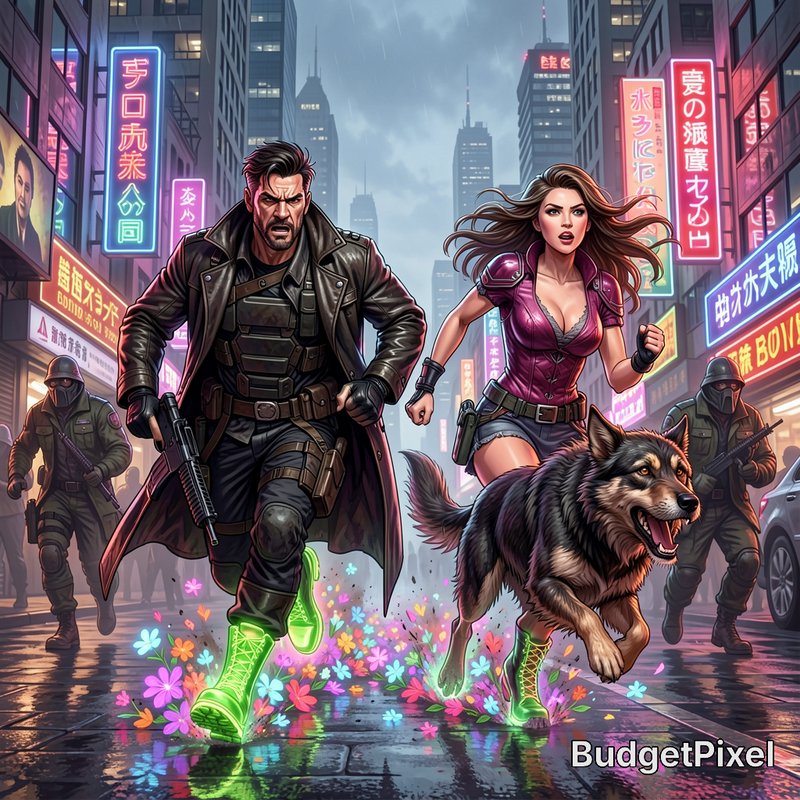 Cyberpunk comic illustration of a man, woman, and large wolf dog running through rainy neon city,...