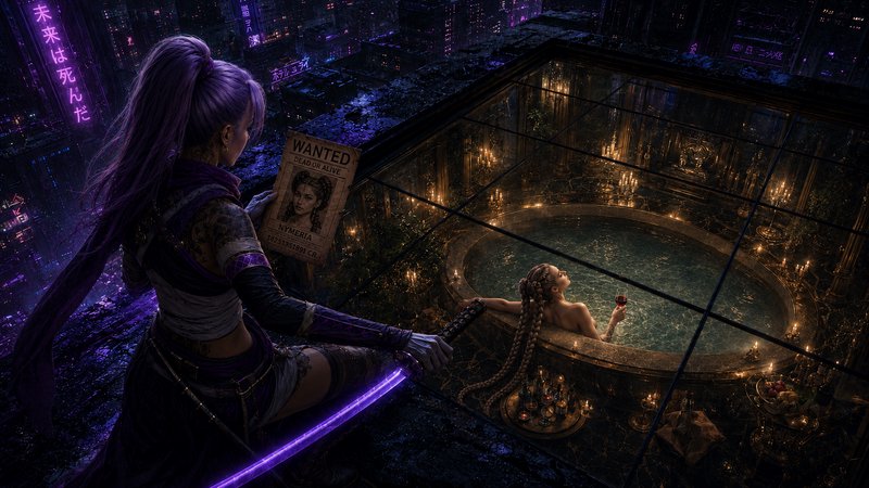 Purple-haired cyberpunk assassin holds a wanted poster, overlooking her unwitting target in a gla...