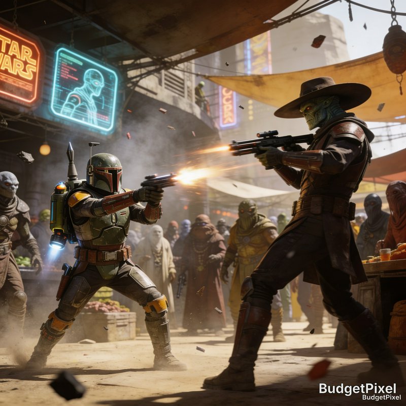 Boba Fett fires a blaster in a duel with an alien gunslinger in a crowded dusty Star Wars outer r...