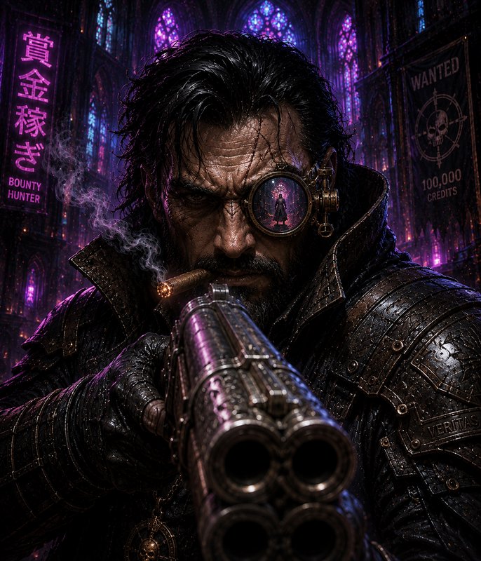 Gritty steampunk bounty hunter aims a multi-barrel firearm, smoking a cigar, with his target refl...