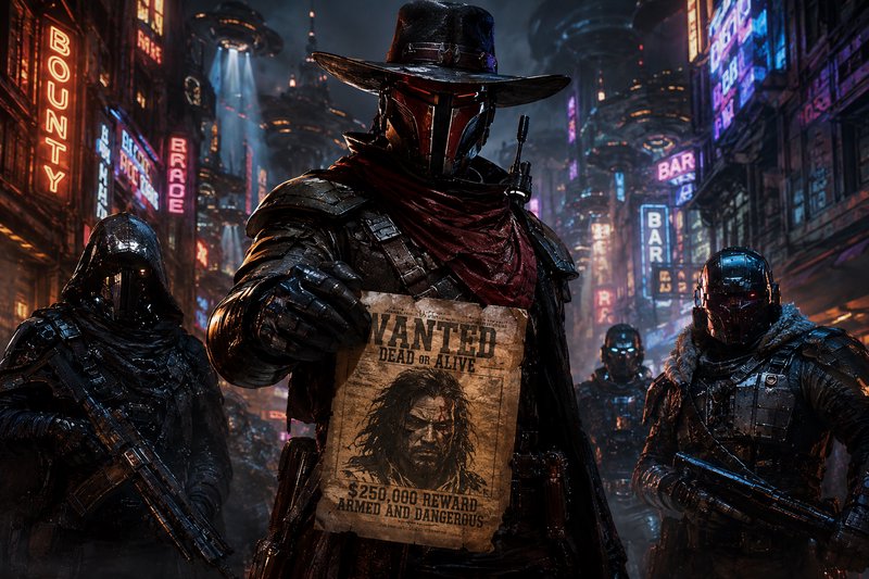 Armored cyberpunk cowboy bounty hunter holds a Wanted poster, flanked by armed enforcers on a neo...