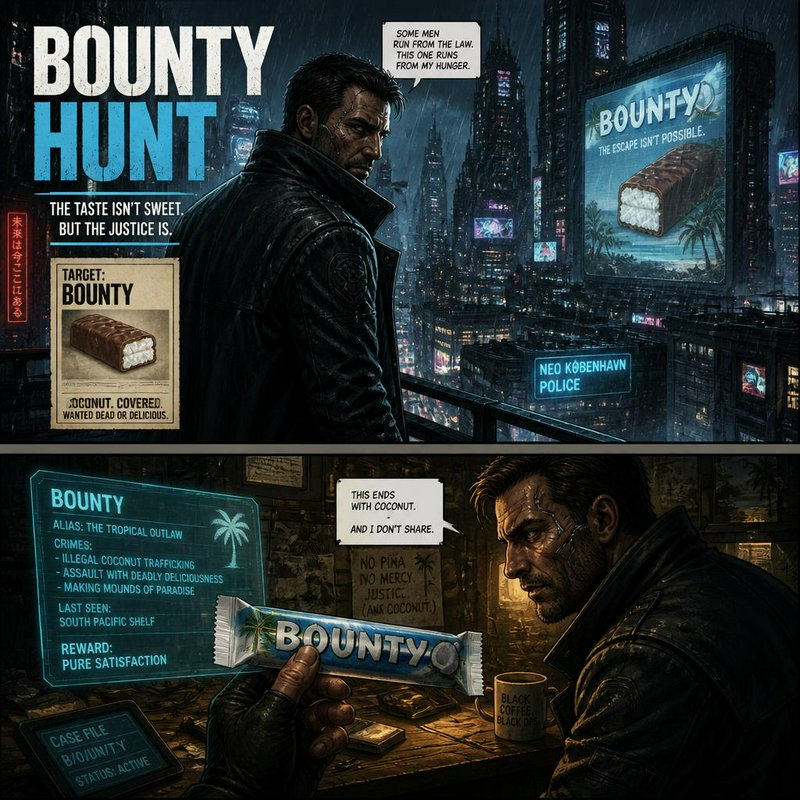 Two-panel satirical cyberpunk meme of a gritty bounty hunter tracking a Bounty coconut chocolate ...