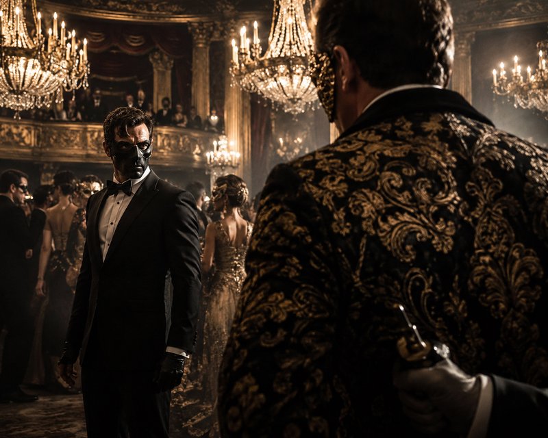 Tense confrontation between two masked men at a lavish gilded masquerade ball in a chandelier-lit...