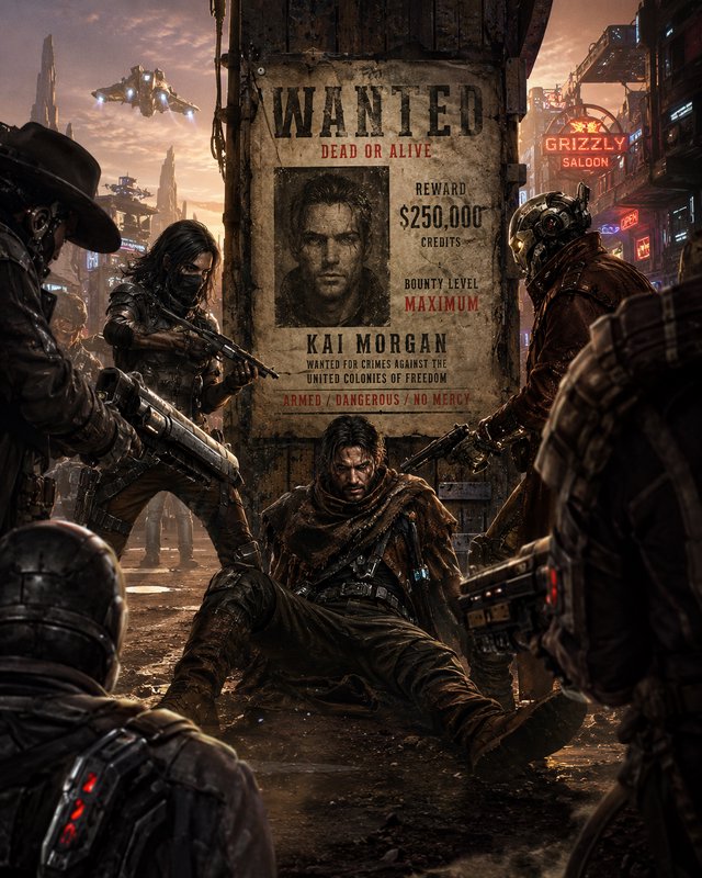 Tense cyberpunk western standoff of armed bounty hunters surrounding a wanted fugitive beneath a ...