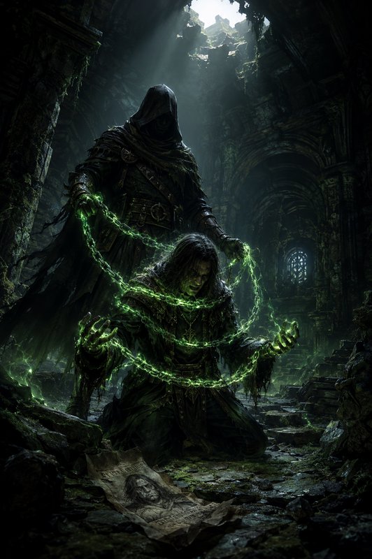 Hooded dark sorcerer restrains a kneeling cursed mage with glowing green magical chains inside a ...