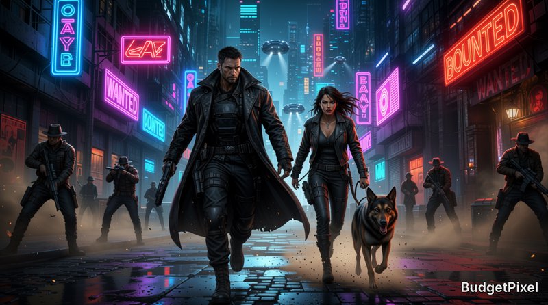 Rugged cyberpunk bounty hunter pair with German Shepherd walk down a neon-lit rainy futuristic ci...