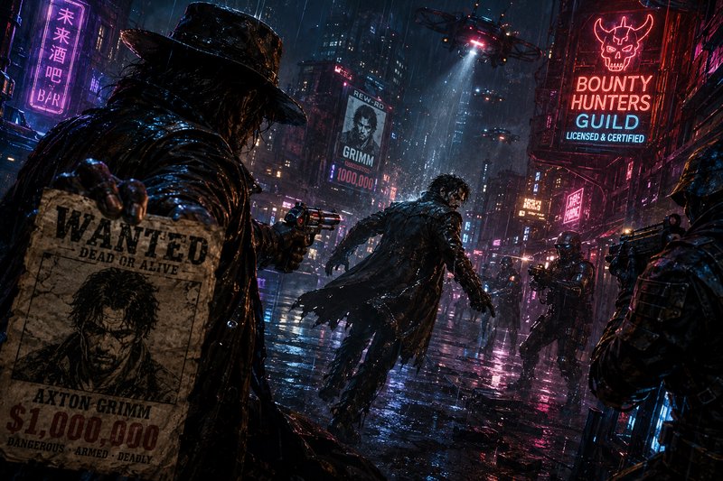 Rainy cyberpunk city street, bounty hunter holds a wanted poster aiming at fleeing fugitive amid ...