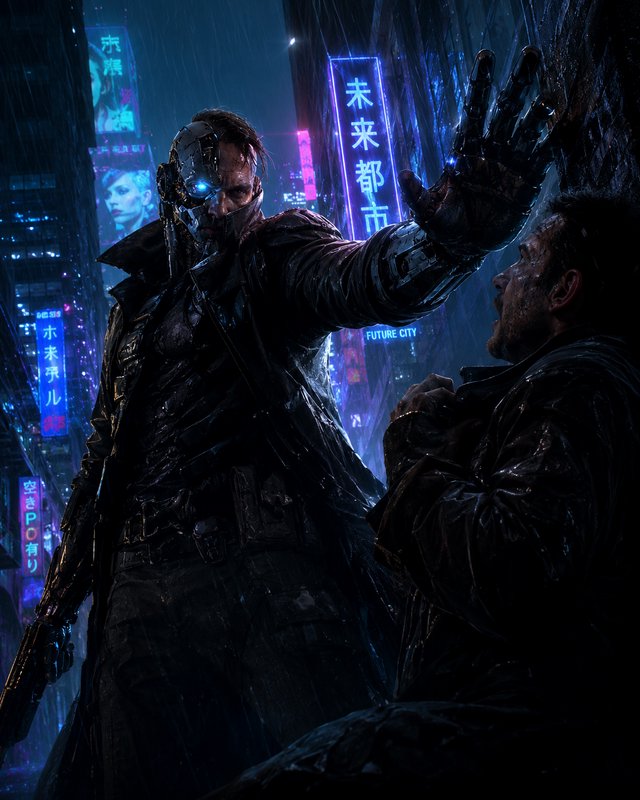Menacing cyborg with glowing cybernetics confronts a frightened man in a rainy neon-lit cyberpunk...