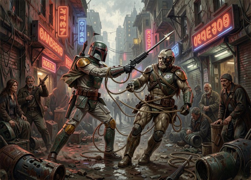Boba Fett fights a roped armored cyborg opponent on a gritty neon-lit cyberpunk city street as ci...