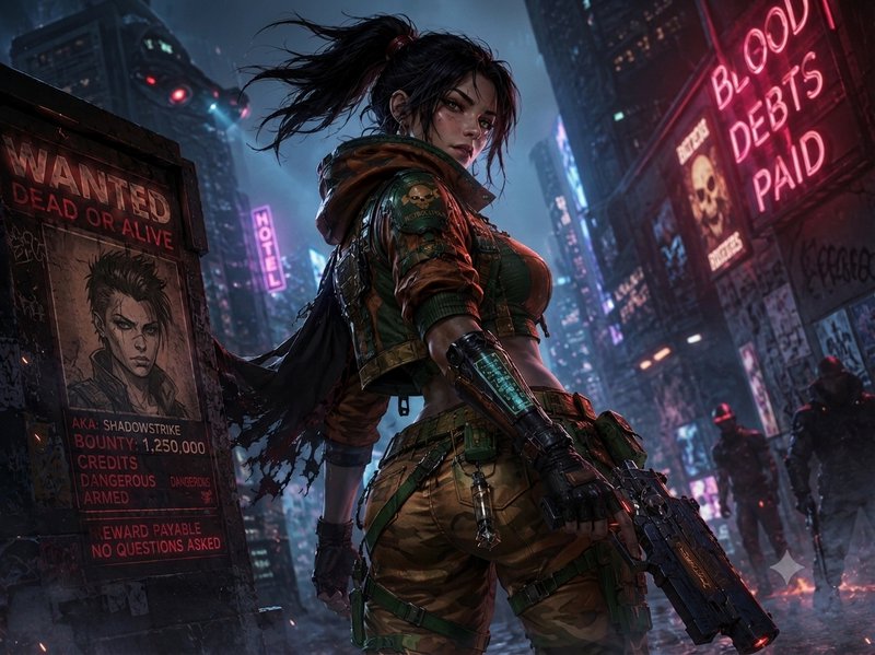 Female cyberpunk bounty hunter holding a futuristic gun stands beside a wanted poster in a neon-l...