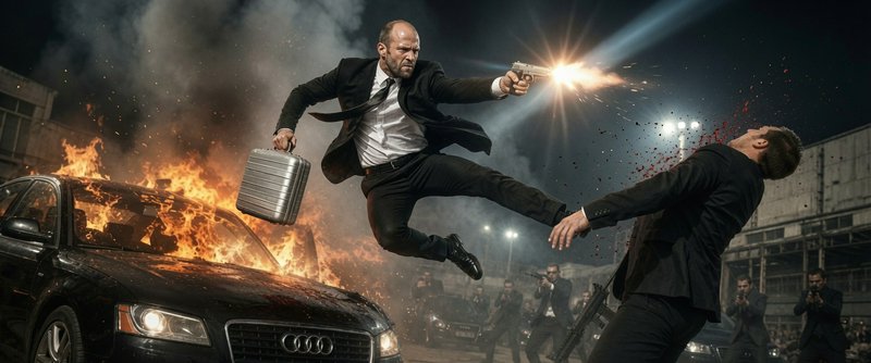 Suited action hero mid-leap fires a handgun, holds a metal briefcase, and kicks an opponent besid...