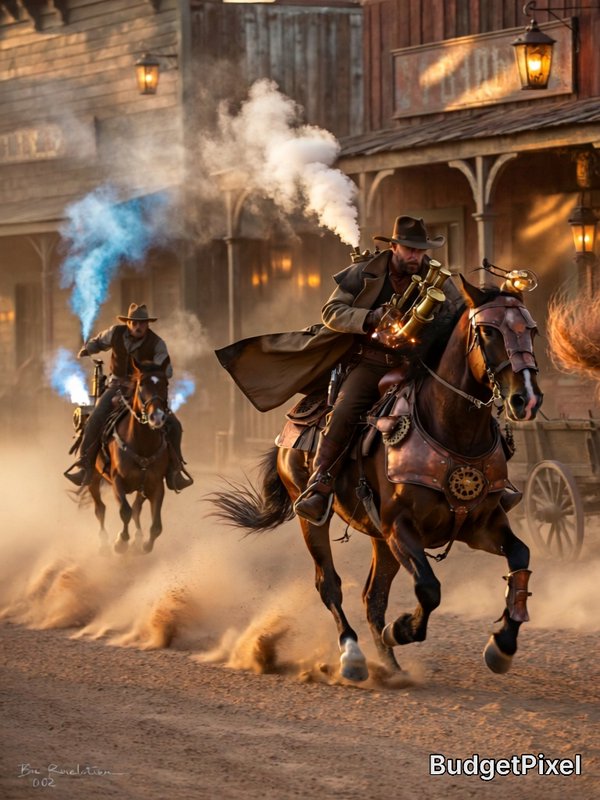 Steampunk wild west cowboys gallop on armored horses through a dusty old frontier town, steam bil...