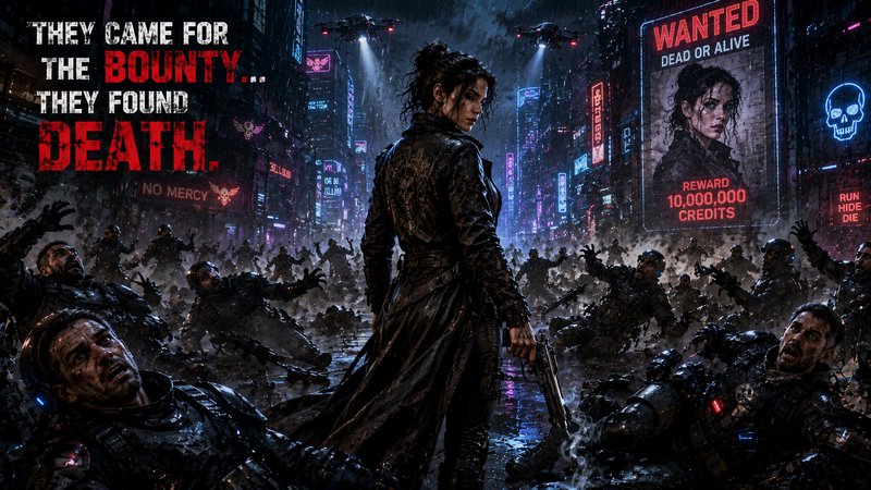 Formidable female cyberpunk bounty hunter stands over defeated foes in a rainy neon dystopian cit...