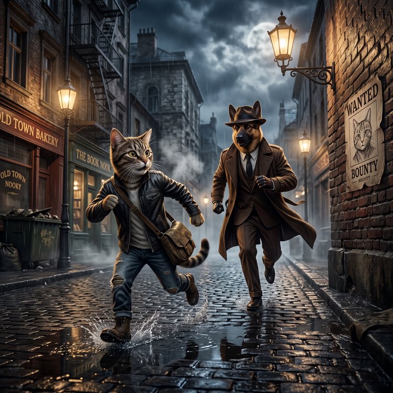 Anthropomorphic tabby cat runs from German Shepherd detective on rainy moonlit Victorian cobblest...