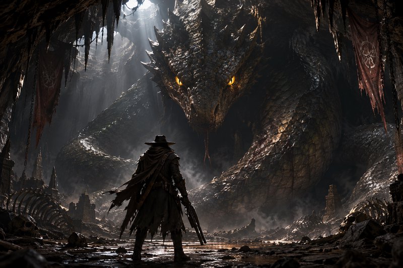 Lone cloaked fantasy gunslinger faces a massive scaled dragon with glowing golden eyes inside a d...