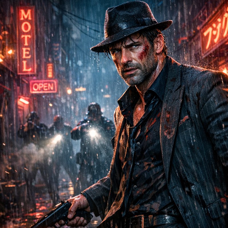 Wounded noir detective holding a gun faces approaching armed officers in a rainy neon-lit city al...