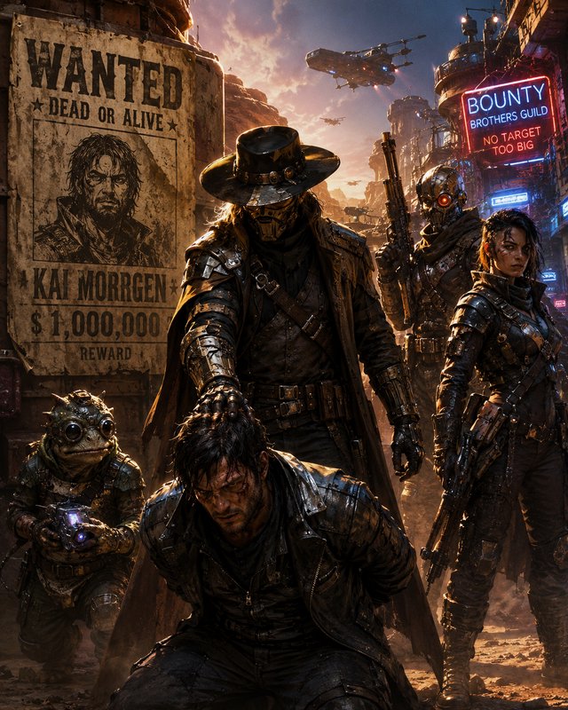 Gritty cyberpunk western bounty crew stands over their captured high-value fugitive beside a WANTED poster in a sci-fi
