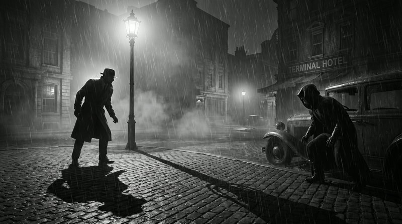Black and white film noir scene of detective confronting hooded figure on rainy 1940s cobblestone...