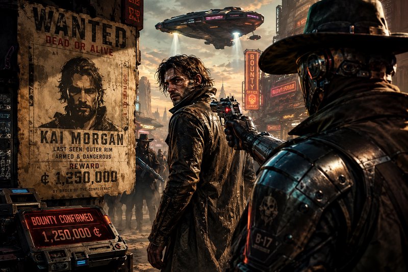 Cyborg bounty hunter aims a gun at wanted fugitive Kai Morgan next to a tattered WANTED poster on...
