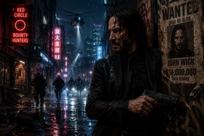 John Wick holds a pistol beside his wanted poster, hiding from approaching bounty hunters in a ra...