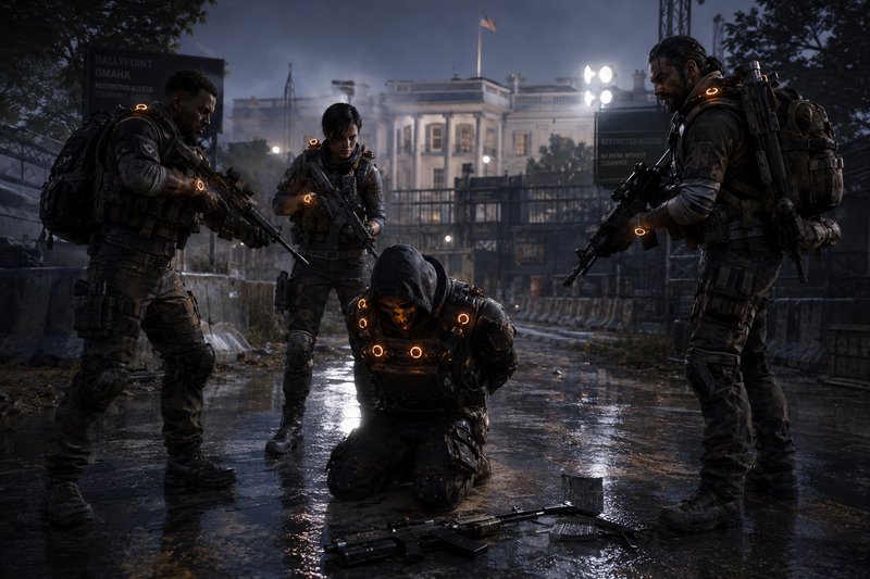 Armed tactical operatives stand guard over a kneeling hooded captive on a rain-slicked road outsi...