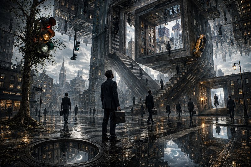Surreal gravity-defying rainy city scene, a suited businessman stares up at impossible inverted s...