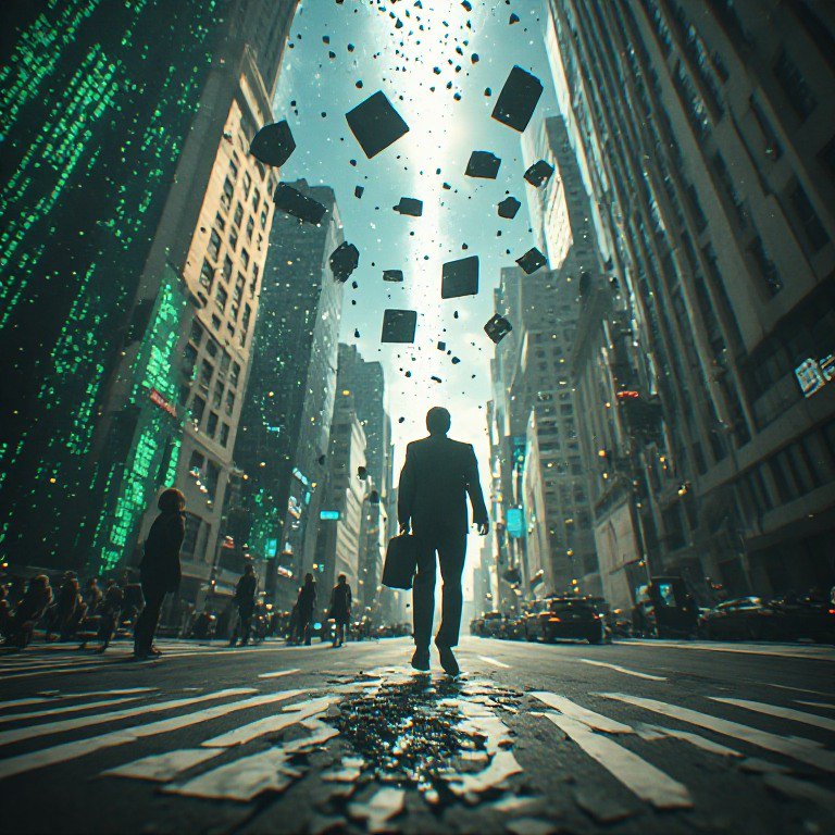 Silhouetted businessman with a briefcase walks down a fractured city street, floating digital fra...