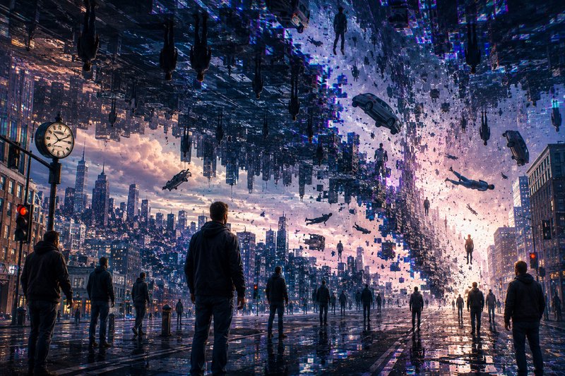 Surreal glitch city scene with a floating upside-down mirrored parallel universe, floating people...
